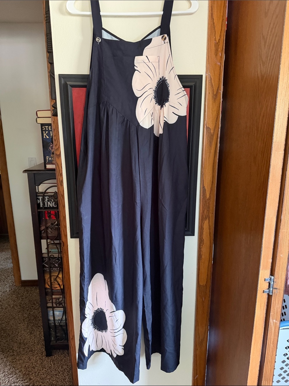 Black Floral Wide-Leg Jumper Skirt with Pale Pink Blooms